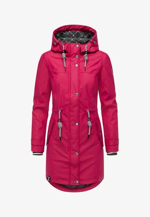 Lang, lys pink huvedparka med sort-hvide anker mønstret indvendig foring og dekorative tykke hvide snore på hætten og i taljen.