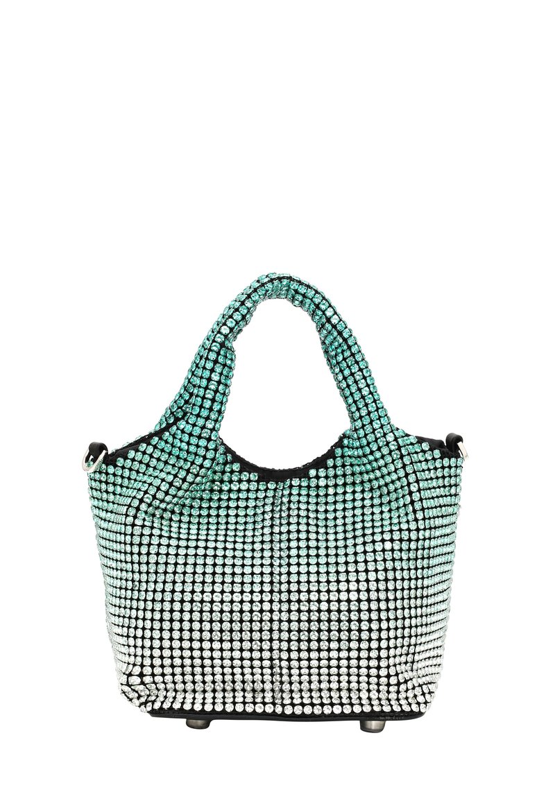 Krystalbesat håndtaske med ombré design fra sort til teal, blød tekstur og dobbelt greb for alsidig bæring.