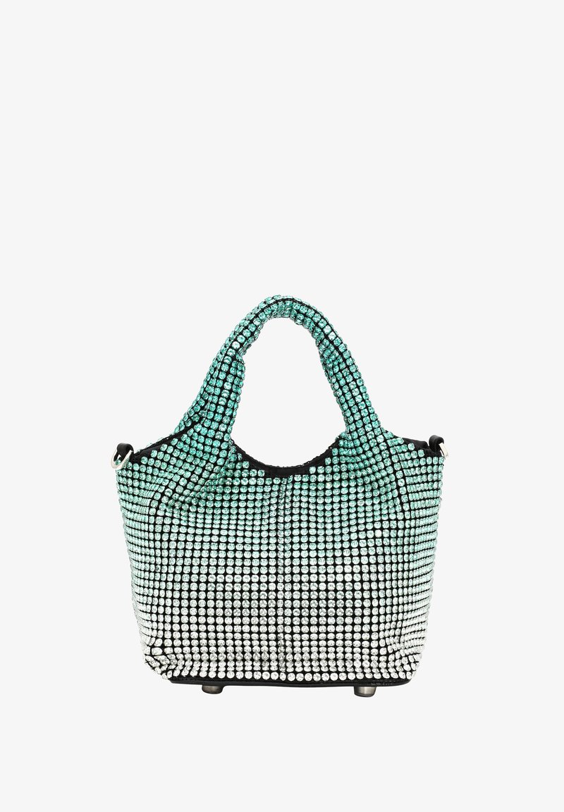 Krystalbesat håndtaske med ombré design fra sort til teal, blød tekstur og dobbelt greb for alsidig bæring.