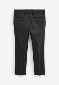 Pantalons noirs sur mesure avec une finition plate, deux poches arrière et passants de ceinture. Texture lisse et coupe droite, finie avec des ourlets.