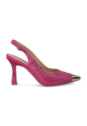 Rosa Wildleder Slingback-Pumps mit glänzendem Stiletto, verziert mit Strasssteinen und einer metallischen, spitzen Zehenpartie. Mit verstellbarem Riemen.