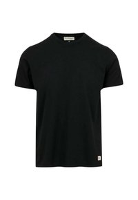 T-shirt nera in cotone con maniche corte, scollatura a girocollo e design semplice. Presenta un piccolo etichetta sul lato inferiore.