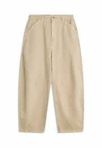 Bredsløjfede beige bomuldsbukser med høj talje, udstyret med forlommer og en frontknaplukning. Glat tekstur med rene sømme.