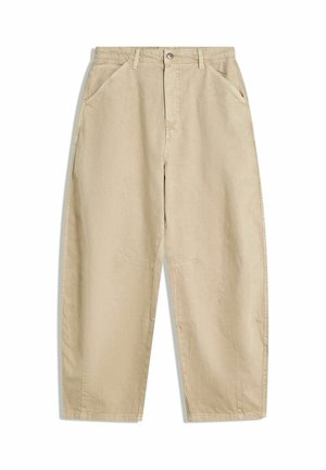Wide-leg beige cotton pants with a high waist, featuring front pockets and a front button closure. Smooth texture with clean seams.