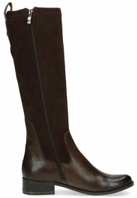 Botte marron montant jusqu'au genou, avec une partie inférieure en cuir lisse et une partie supérieure en suède texturé. Fermeture éclair latérale et petit talon bloc.