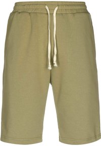 Olivengrønne bomullsshorts med elastisk midjebånd og hvit snor. Glatt tekstur, kne-lengde med søm-detaljer.