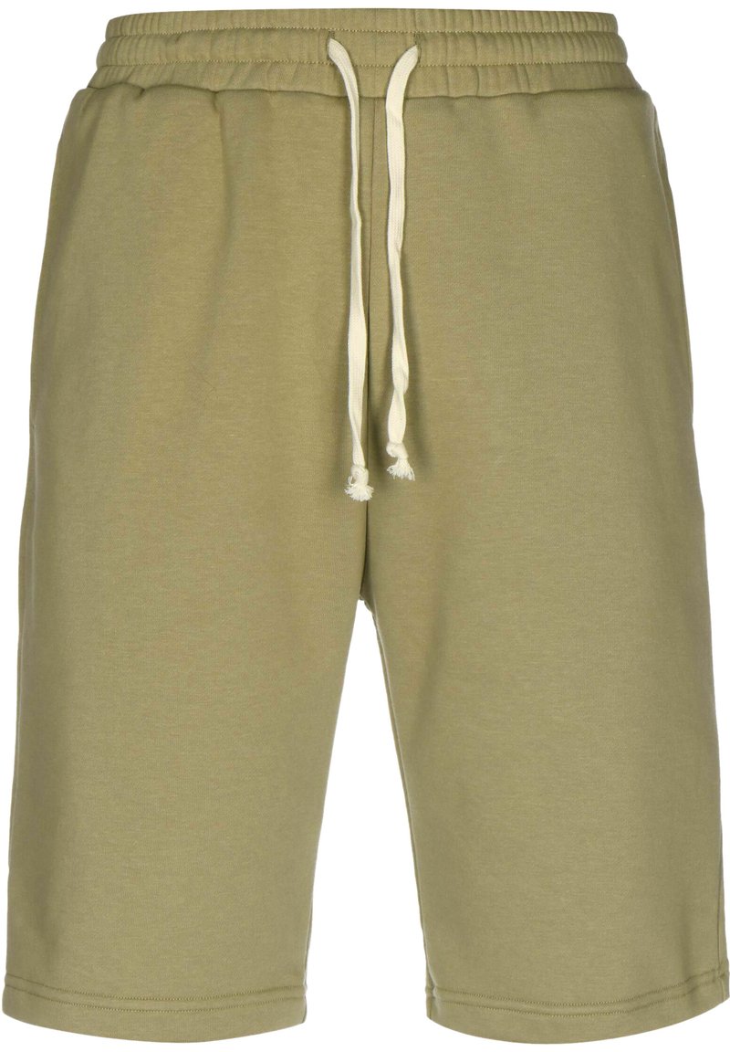 Olivengrønne bomullsshorts med elastisk midjebånd og hvit snor. Glatt tekstur, kne-lengde med søm-detaljer.
