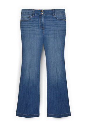 Flared denim jeans i medium blå vask. Fremstillet af bomuldsblanding med to forlommer, metal knaplukning og syede kanter.