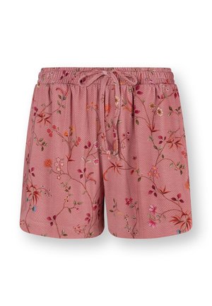 Rosa Shorts mit elastischem Bund und Kordelzug, verziert mit einem zarten, mehrfarbigen Blumenmuster und dezenten, strukturierten Punkten.