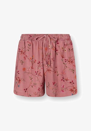 Roze elastische taillebroek met een koord, versierd met een delicaat meerkleurig bloemenpatroon en subtiele getextureerde stippen.
