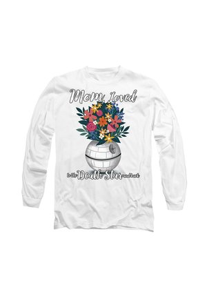 Weißes Langarmshirt mit einem Grafikdesign eines Blumenstraußes in einer runden Vase, mit dem Text "Mama liebte bis zum Todesstern und zurück."