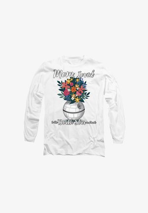 Weißes Langarmshirt mit einem Grafikdesign eines Blumenstraußes in einer runden Vase, mit dem Text "Mama liebte bis zum Todesstern und zurück."