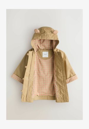 Beiger Kapuzenjacke mit Bärchenohren, mit einem rosa-weiß karierten Innenfutter und Druckknopfverschlüssen. Glatte Textur, Ärmel in mittlerer Länge.