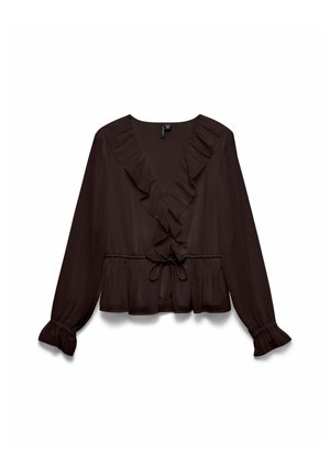 Blusa nera a maniche lunghe con scollatura a V profonda, rifiniture a volant, vita con lacci e polsini arricciati. Realizzata in un tessuto leggero e morbido.