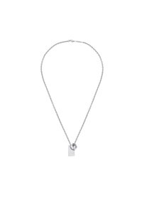 Zilverkleurige ketting met een geometrische hanger met een rechthoekige vorm en een vaste hexagonale accent, verbonden door een delicate ketting.