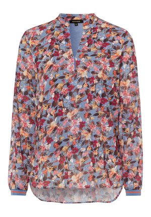 Hellblaue Langarmbluse mit mehrfarbigem Blumenmuster, V-Ausschnitt und leicht abgerundetem Saum.