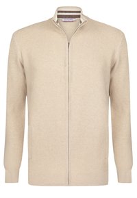 Cardigan beige con zip, caratterizzato da un motivo a maglia testurizzata, colletto alto, due tasche frontali e polsini a costine. Design semplice e moderno.