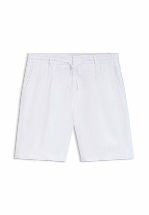 Shorts décontractés blancs avec taille élastique, lien de serrage, poches latérales et ourlet droit, présentés à plat sur un fond blanc.