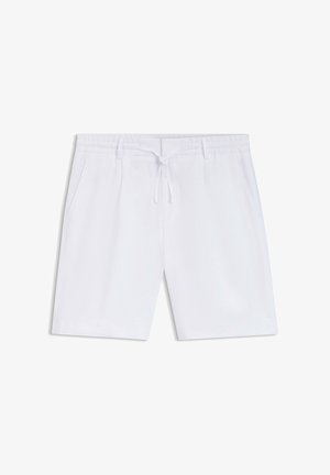 Pantalones cortos casuales blancos con cintura elástica, cordón ajustable, bolsillos laterales y dobladillo recto, mostrados planos sobre un fondo blanco.