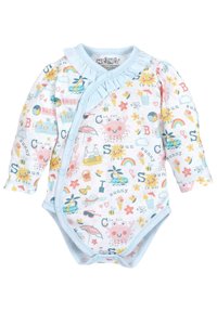 Hellblaues Baby-Body mit bunten, verspielten Illustrationen von Tieren, Blumen und Buchstaben, mit Volantkragen und Druckknöpfen.