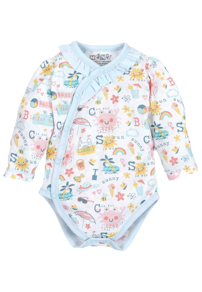 Hellblaues Baby-Body mit bunten, verspielten Illustrationen von Tieren, Blumen und Buchstaben, mit Volantkragen und Druckknöpfen.
