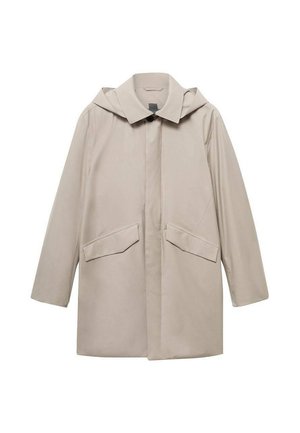 Beige regenjas tot de knieën met een capuchon, lange mouwen, verborgen knopen aan de voorkant en twee voorzakken met klep.
