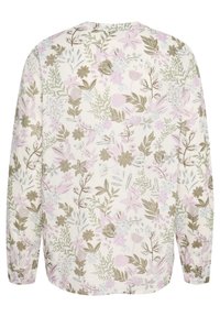 Blomsterlangærmet top med en cremet baggrund. Har pink og grønne botaniske mønstre. Blødt, let stof med en afslappet pasform.