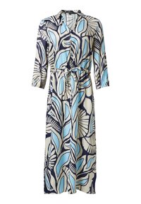 Blumengemustertes Kleid in Blau- und Cremetönen, aus leichtem Stoff, mit langen Ärmeln, einer taillierten Bindung und einem Kragen.