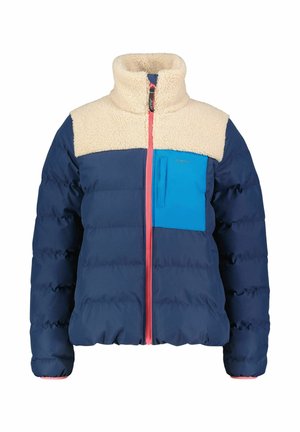 Marineblauer Steppjacke mit einem cremefarbenen Fleecep wahrscheinlich, pinkem Reißverschluss und einer blauen Brusttasche. Verfügt über ein gesteppte Design und elastische Bündchen.
