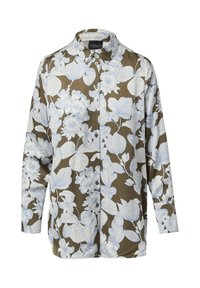 Camicia floreale in verde oliva con stampa botanica blu e bianca. Presenta un colletto, chiusura con bottoni e maniche lunghe. Tessuto dalla texture liscia.