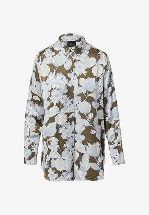 Blumenhemd in Olivgrün mit blau-weißer botanischer Druck. Es verfügt über einen Kragen, eine Knopfleiste und lange Ärmel. Glatte Stoffstruktur.