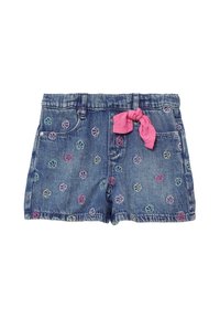 Denim shorts met een lichtblauwe wassing, versierd met meerkleurige schelpborduurwerk, ontworpen met een roze stoffen strik in de taille.