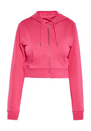 Rosa cropped Hoodie mit Frontreißverschluss, Kordelzugkapuze, langen Ärmeln, Kängurutasche und gerippten Bündchen und Saum.