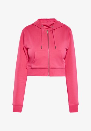 Rosa cropped Hoodie mit Frontreißverschluss, Kordelzugkapuze, langen Ärmeln, Kängurutasche und gerippten Bündchen und Saum.