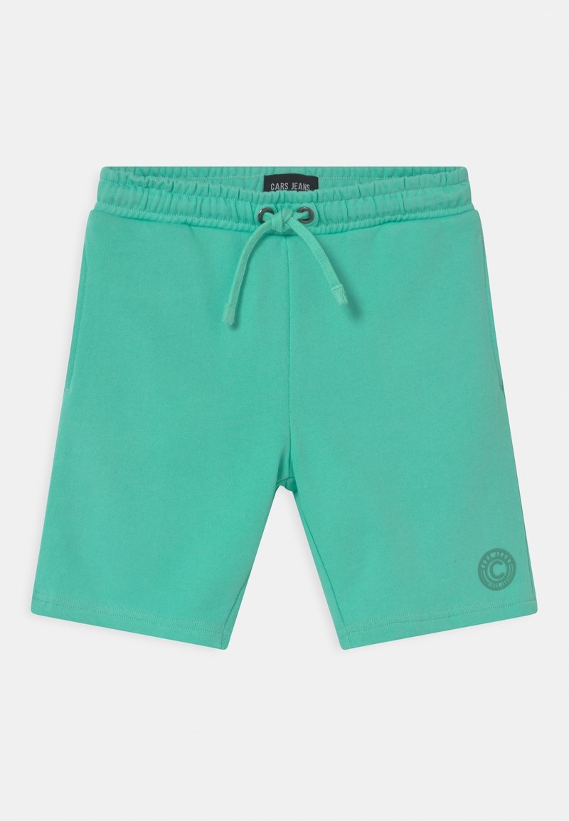Turquoise shorts with an elastic waistband and drawstring. Features side pockets and a logo on the lower left leg. Made from soft fabric.