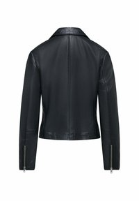 Giacca in pelle nera con un design aderente, dotata di un colletto a punta, dettagli con zip sulle maniche e superficie liscia. Visualizzazione posteriore.