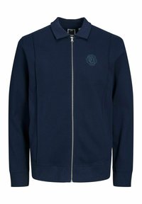 Sweat à zip bleu marine avec un col. Possède un logo ton sur ton sur la poitrine et des poignets côtelés aux manches et à l'ourlet. Texture lisse.