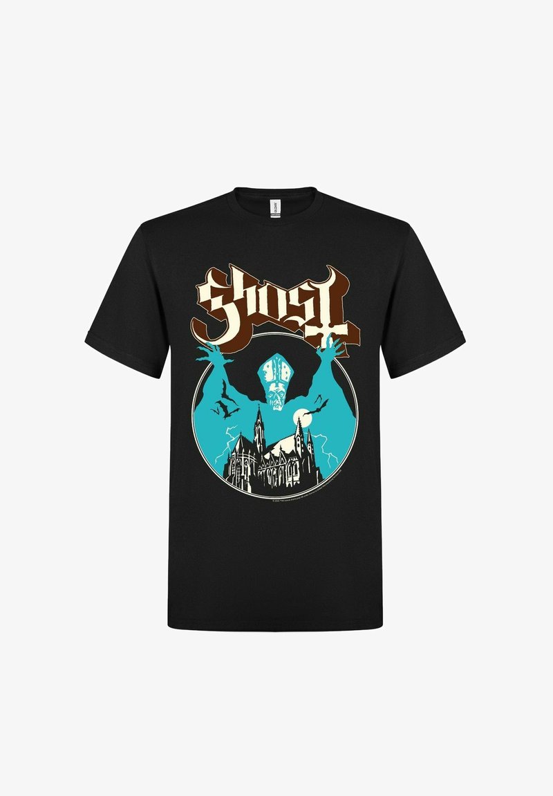 Camiseta de algodón negra con un gráfico de una figura fantasmal y una catedral gótica en turquesa y blanco, con "Ghost" en texto estilizado.
