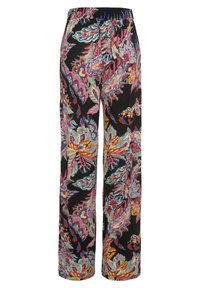 Bloemmotief, wijde broek in levendige kleuren op een zwarte achtergrond, met een elastische tailleband en lichtgewicht stof.