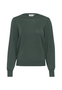 Pull en tricot vert avec des manches côtelées, un col rond et un corps texturé. Le matériau semble doux et léger.