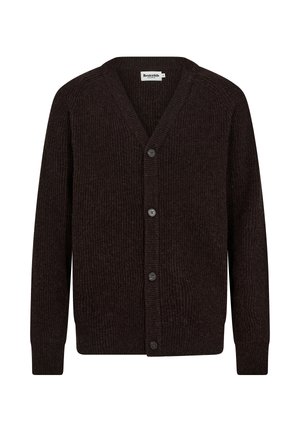 Brauner gestrickter Cardigan mit V-Ausschnitt, fünf Knopfverschluss, gerippter Textur und langen Ärmeln. Das Material wirkt warm und dick.