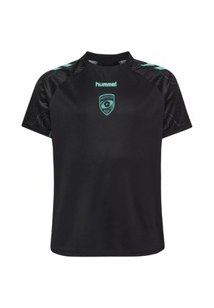 Camiseta deportiva negra de manga corta con logo "hummel" en color azul verdoso y escudo de Montpellier Rugby en el pecho, con mangas negras estampadas con detalles en azul verdoso.