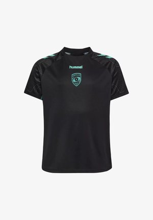 Zwart sportshirt met korte mouwen, met turquoise "hummel" logo en Montpellier Rugby-wapen op de borst, met zwart patroon op de mouwen en turquoise accenten.