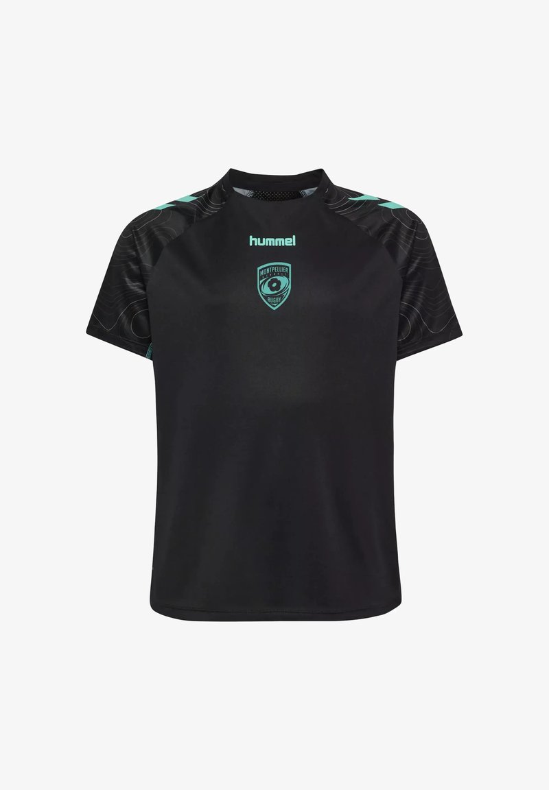 T-shirt de sport noir à manches courtes avec logo « hummel » bleu sarcelle et écusson Montpellier Rugby sur la poitrine, avec des manches noires à motifs et des accents bleu sarcelle.