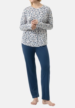 Langærmet top med navy og creme bladmønster; ensfarvede navy bukser, begge lavet af blødt stof. Casual pasform for komfort.