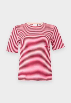 Rood-witte gestreepte T-shirt met korte mouwen, gemaakt van ribstof, met een ronde halslijn. Minimalistisch design, getailleerde pasvorm, zonder opvallende accenten.