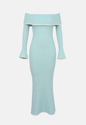 Vállról nyitható, világoskék, testhezálló ruha hosszú ujjal és bővülő mandzsettával, rugalmas anyagból készült, diszkrét textúrával.