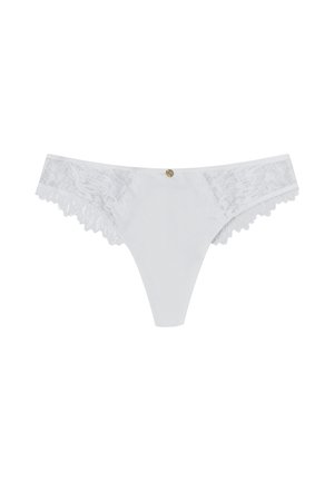 White thong underwear with lace detailing on the sides, scalloped edges, and a small gold accent at the front center.