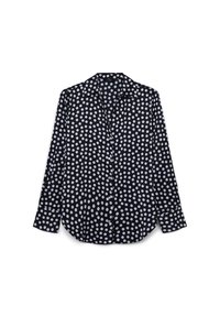Schwarzes Langarmshirt mit weißen Punkten, mit Kragen, Knopfverschluss und lockerer Passform. Glattes, leichtes Gewebe mit dezentem Glanz.