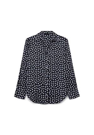 Black long-sleeve shirt with white polka dots, featuring a collar, button closure, and a relaxed fit. Smooth, lightweight fabric with a subtle sheen.